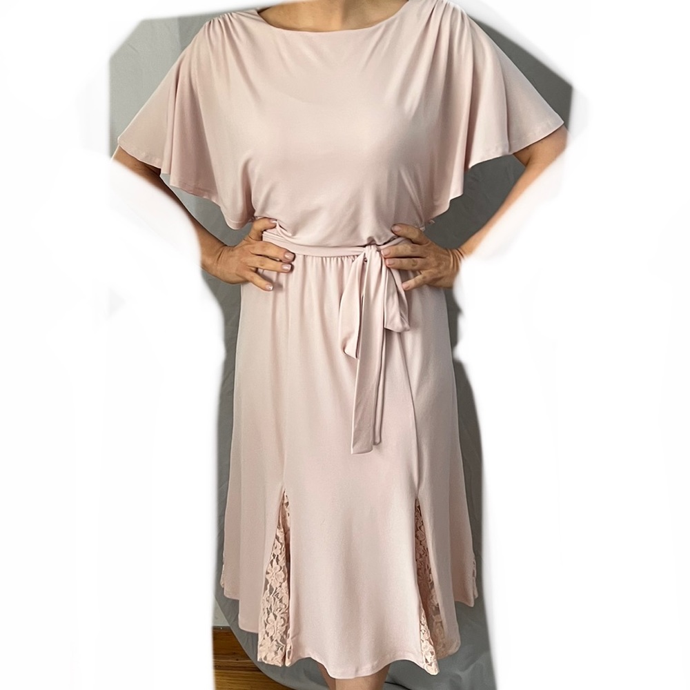 Vintage Vickytiel, powder pink, flutter sleeve dress with lace ruffle detail